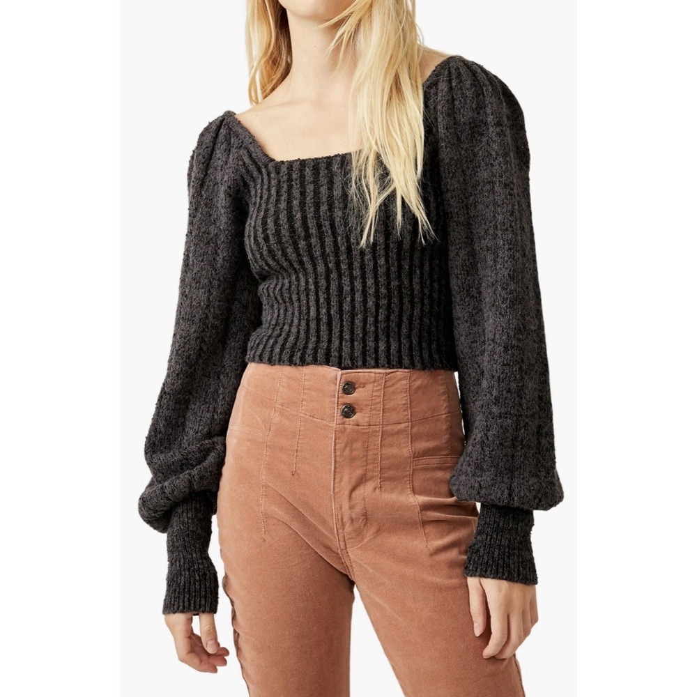 Free People Katie Pullover Sweater Soft Gray Balloon Sleeve Boho Top | Size L